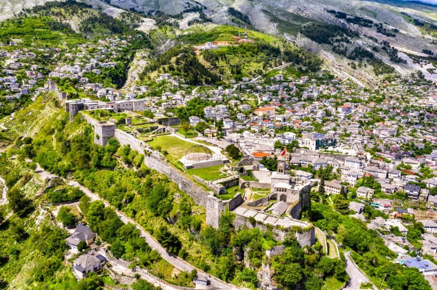 Gjirokaster Albania - Aerial view of Gjirokaster Fortress in Albania