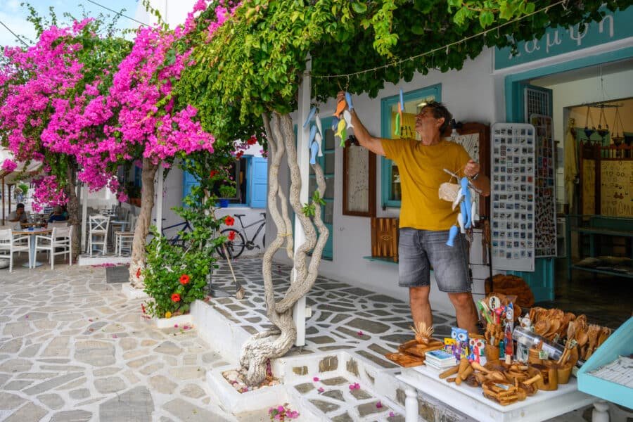 Antiparos, Greece - September 28, 2020: Greek street with souvenir shops on Antiparos Island Greece Cyclades