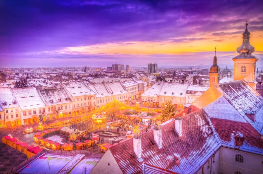 Winter in Romania - Panoramic view over Christmas Market in Sibiu, Transylvania