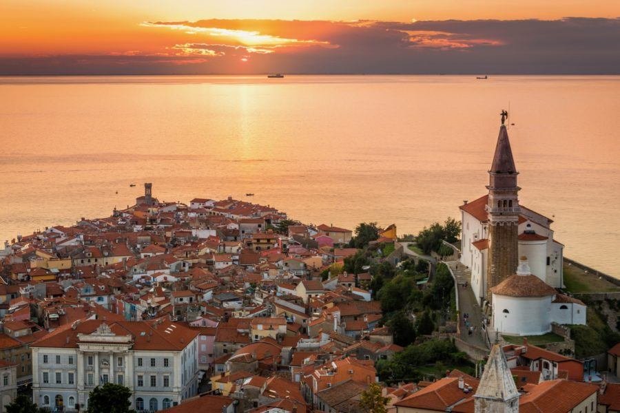 Sunset Over Adriatic Sea and Old Town of Piran, Slovenia