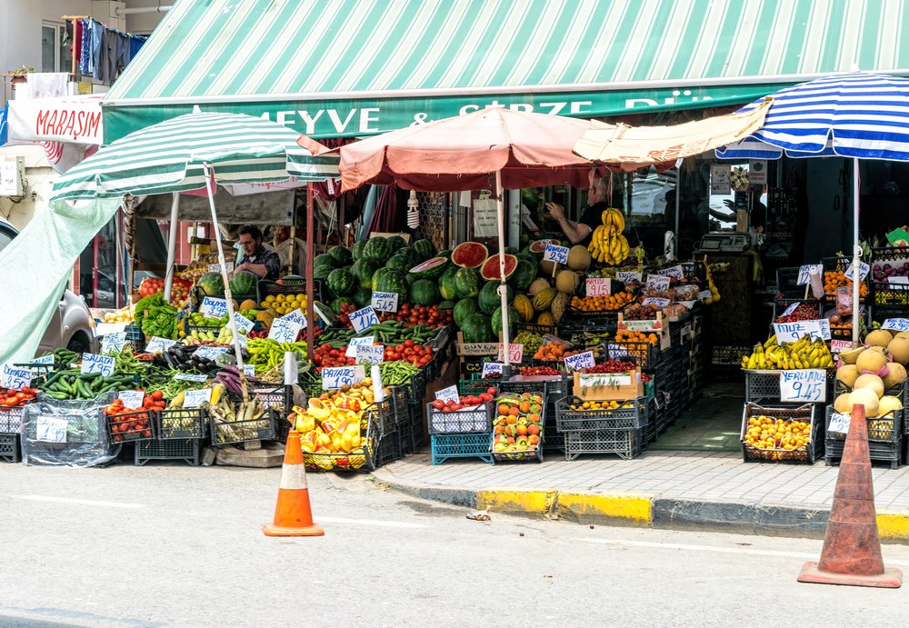 A green awning over a fruit stand at Trabzon market, one of Trabzon's tourist attractions.